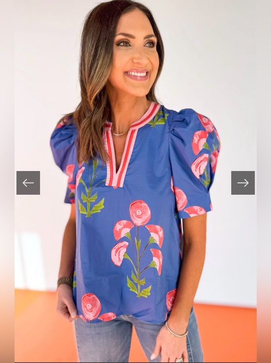 entro Tops - Entro Blue Floral Puff-Sleeve Blouse with Pink Trim Poplin Top Size Medium